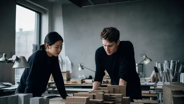 Students reviewing architectural models in a studio.