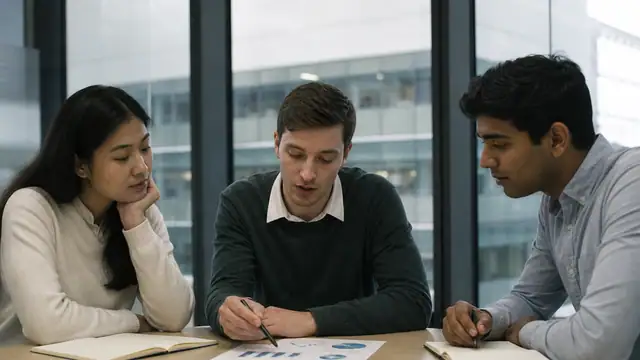 Graduates talking around an office table.
