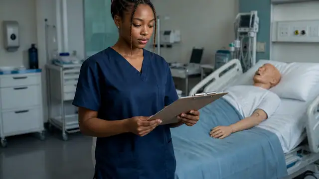 A clinician in a training room beside a hospital bed.