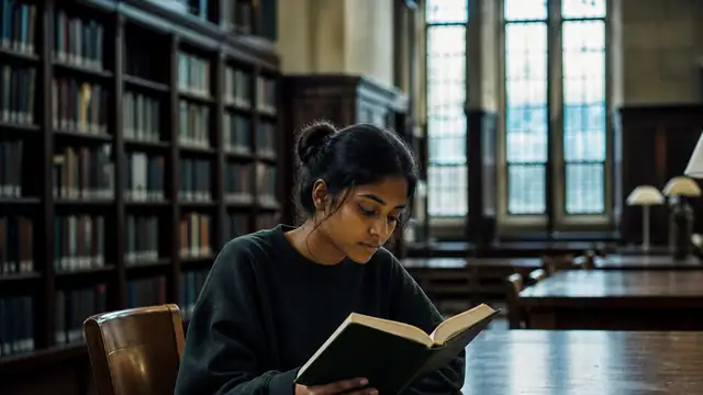 A student reading in a university library.