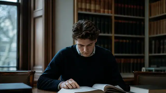 A graduate reading among shelves of professional books.