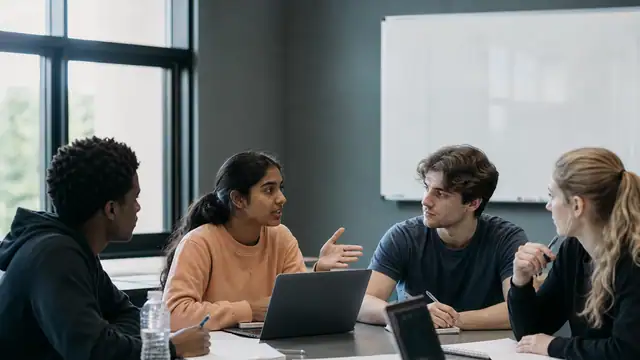 Students in discussion around a seminar table.